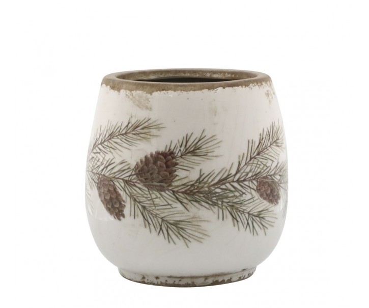 Béžový keramický obal na květináč s jedlovou girlandou - Ø 15*14 cm Chic Antique