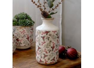 Béžová keramická váza s cesmínou Holly - Ø 10*21 cm