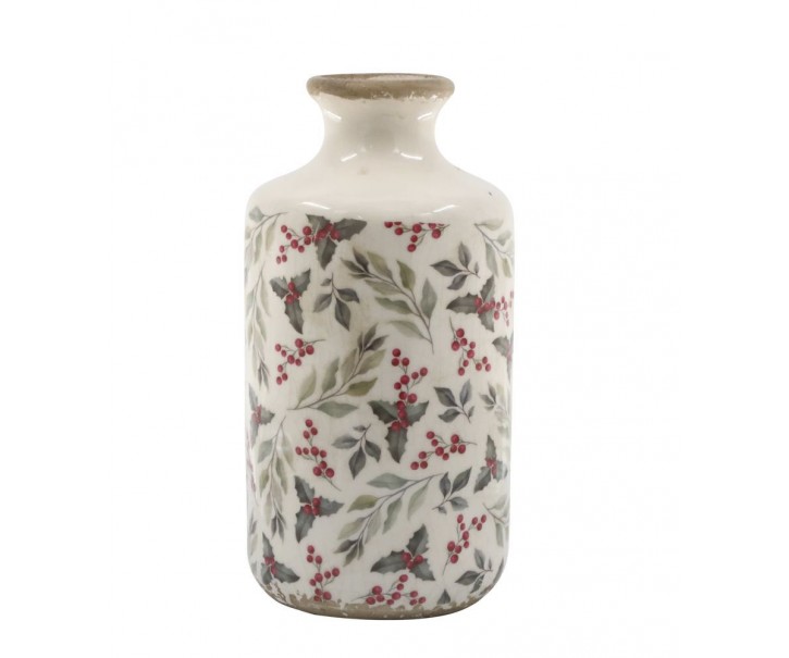 Béžová keramická váza s cesmínou Holly - Ø 10*21 cm Chic Antique