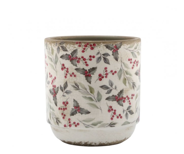 Béžový keramický obal na květináč s cesmínou Holly - Ø 13*13 cm Chic Antique