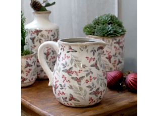 Béžový baňatý keramický džbán s cesmínou Holly - 13*16*15,5 cm