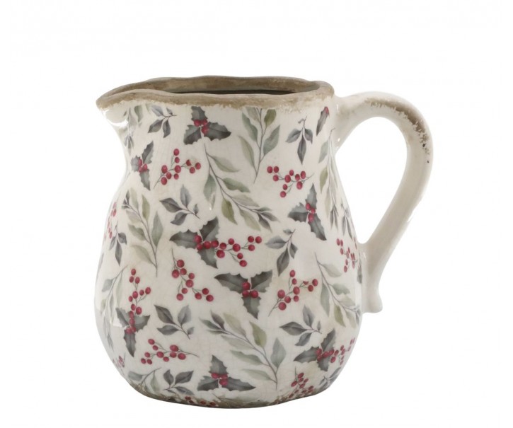 Béžový baňatý keramický džbán s cesmínou Holly - 13*16*15,5 cm Chic Antique