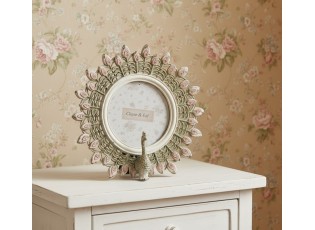 Růžovo-zelený antik fotorámeček páv s roztaženými pery - 14*3*14 cm / Ø 8 cm