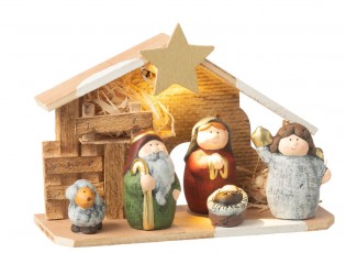 Přírodní svítící Betlém s keramickými postavičkami Nativity - 21*8*16 cm