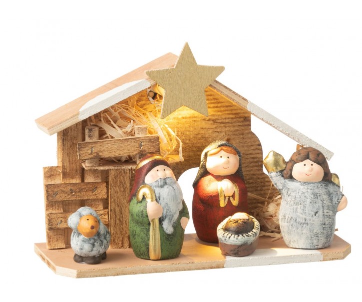 Přírodní svítící Betlém s keramickými postavičkami Nativity - 21*8*16 cm J-Line by Jolipa