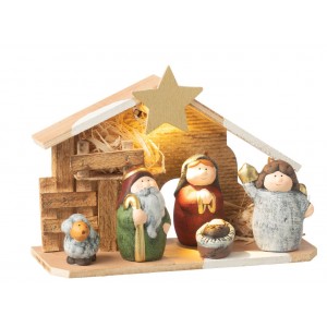 Přírodní svítící Betlém s keramickými postavičkami Nativity - 21*8*16 cm