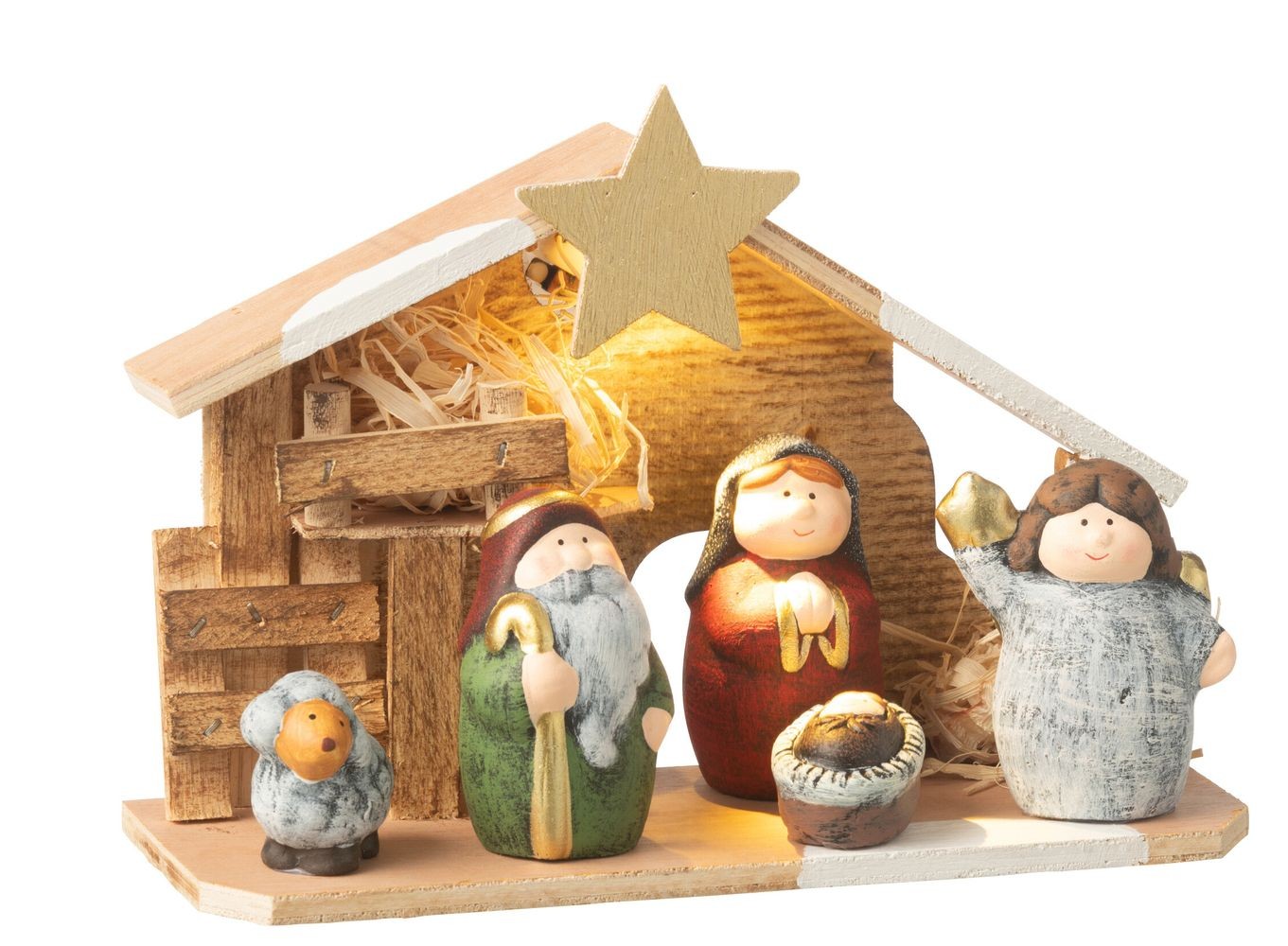 Přírodní svítící Betlém s keramickými postavičkami Nativity - 21*8*16 cm