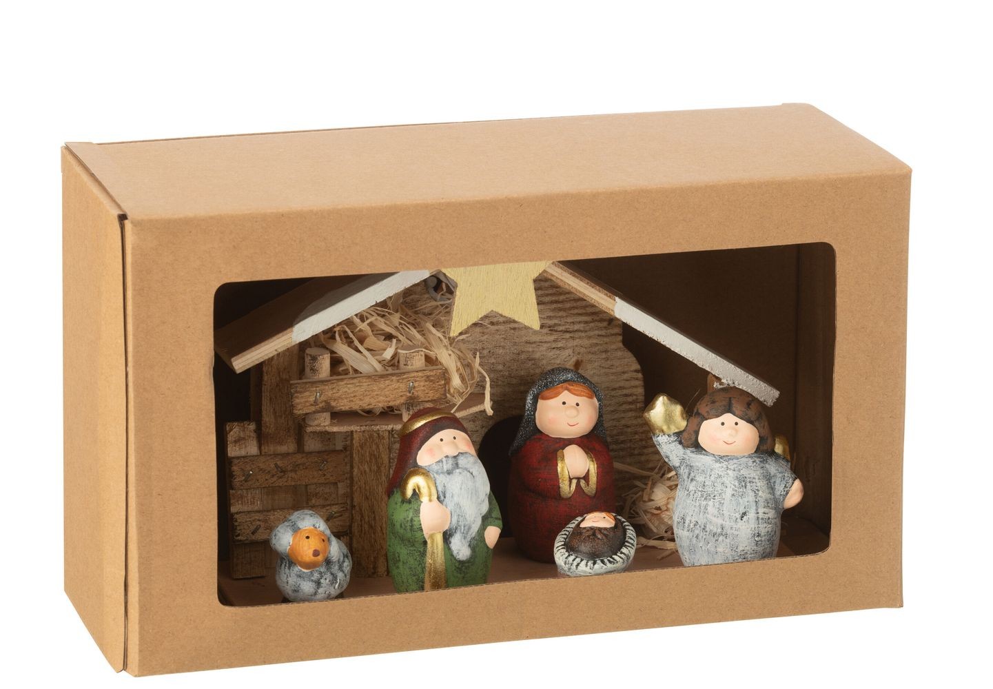Přírodní svítící Betlém s keramickými postavičkami Nativity - 21*8*16 cm