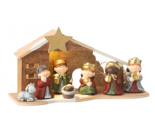 Přírodní svítící Betlém s keramickými postavičkami Nativity - 31*10*16 cm