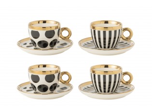Set 4ks bílo-černý šálek s podšálkem se zlatými detaily Hollywood - Ø 13*8 cm