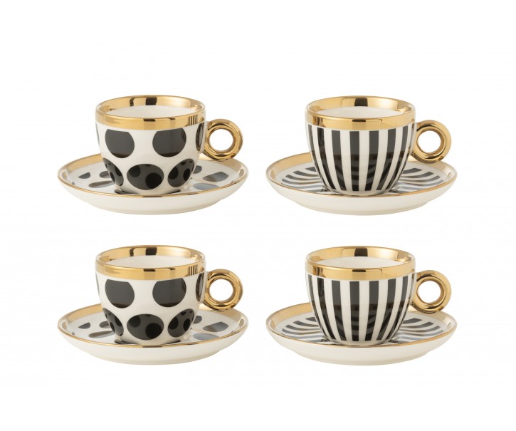Set 4ks bílo-černý šálek s podšálkem se zlatými detaily Hollywood - Ø 13*8 cm J-Line by Jolipa