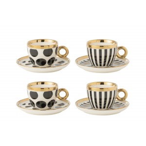 Set 4ks bílo-černý šálek s podšálkem se zlatými detaily Hollywood - Ø 13*8 cm