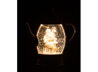 Bílá antik závěsná svítící konvička se Santou a třpytkami Glitt Led - 15*15*16 cm