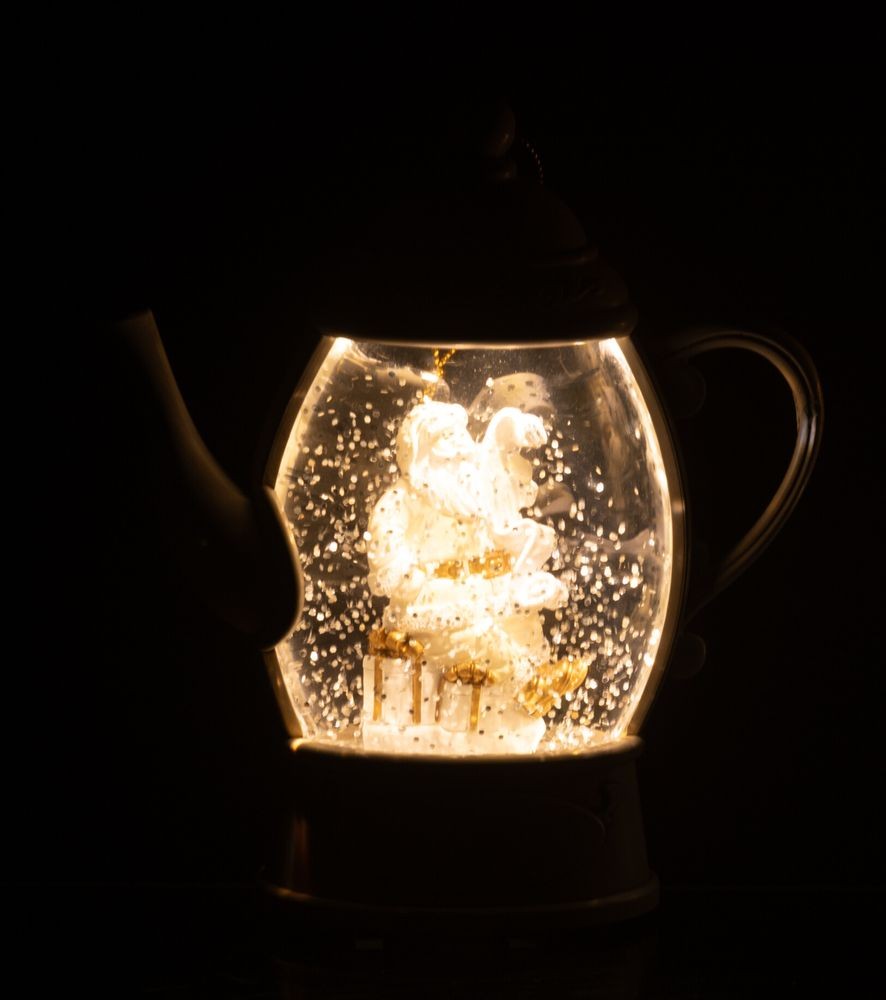 Bílá antik závěsná svítící konvička se Santou a třpytkami Glitt Led - 15*15*16 cm