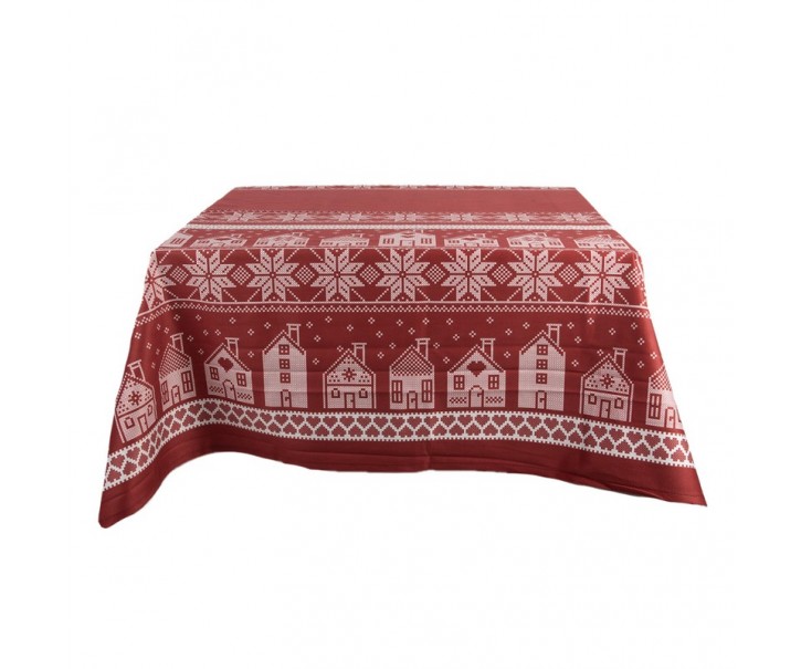Tmavě červený zimní ubrus s domky a vločkami - 140*220 cm Clayre & Eef
