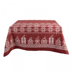 Tmavě červený zimní ubrus s domky a vločkami - 140*220 cm