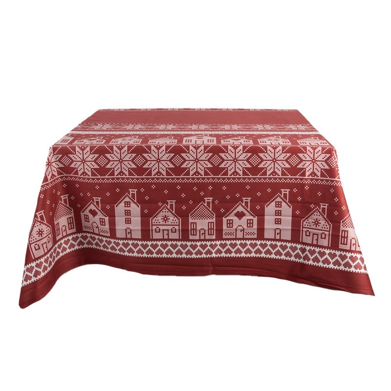 Tmavě červený zimní ubrus s domky a vločkami - 140*220 cm