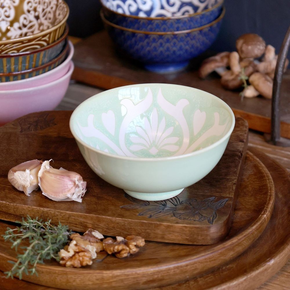 Zelená porcelánová miska s květy uvnitř Arés - Ø12*5,5 cm / 300ml
