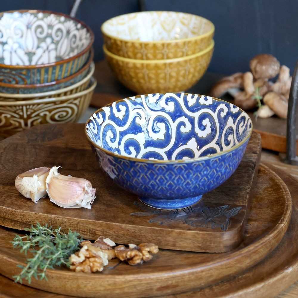 Modrá porcelánová miska s květy uvnitř Arés - Ø12*5,5 cm / 300ml
