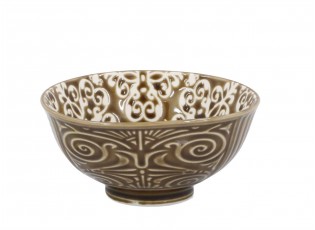 Hnědá porcelánová miska s květy uvnitř Arés - Ø12*5,5 cm / 300ml
