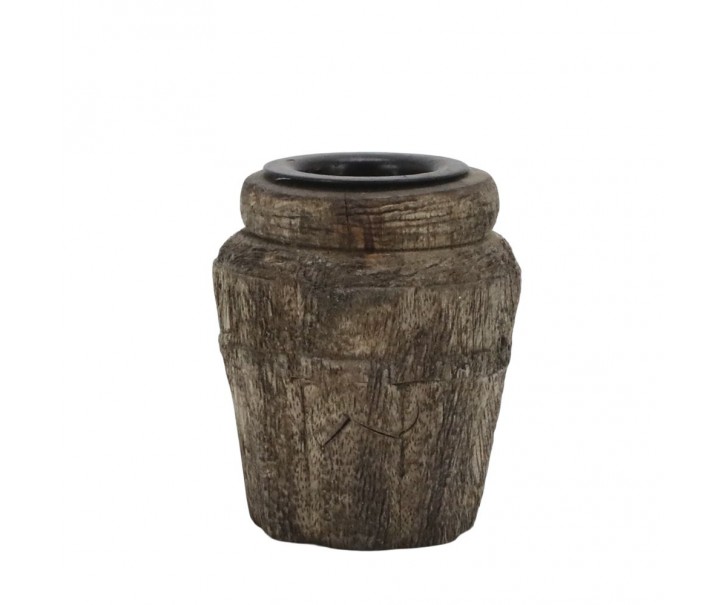 Hnědý antik dřevěný svícen na úzkou svíčku - 3,5*6,5 cm Chic Antique