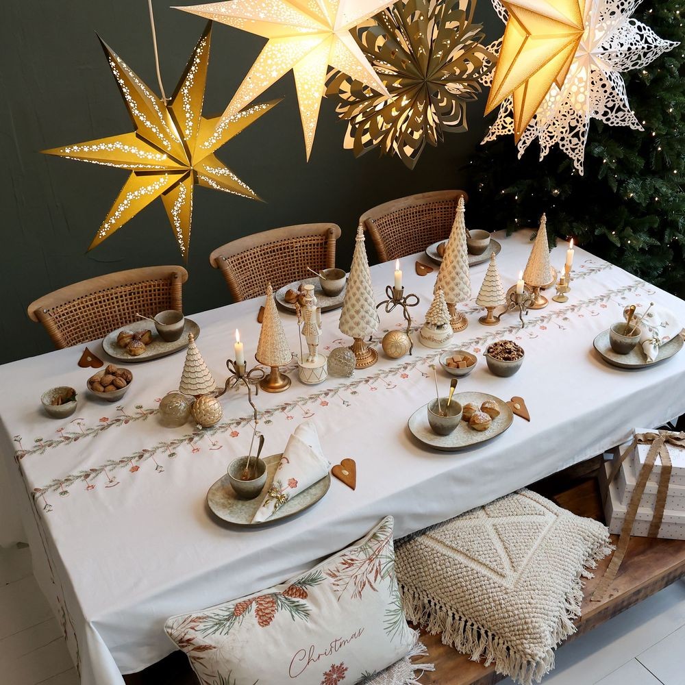 Krémový bavlněný ubrus s girlandou Aix Christmas - 140*360 cm