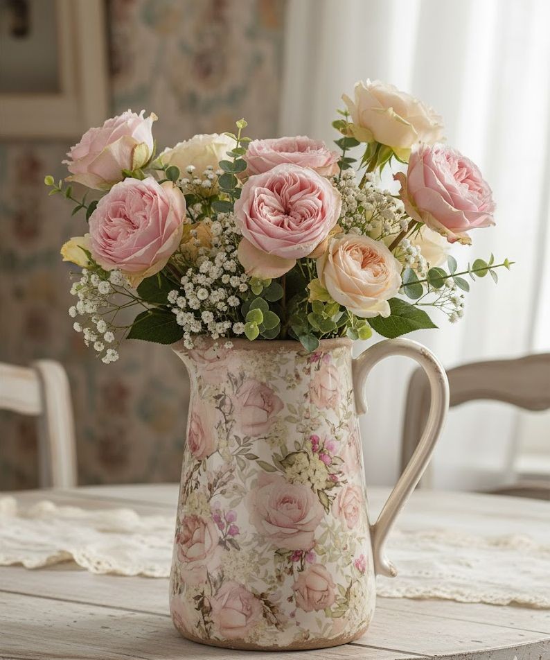 Krémový keramický džbán s růžemi Rosien L - 21*14*23 cm Posiwio Krémový keramický džbán s růžemi Rosien L - 21*14*23 cm Posiwio