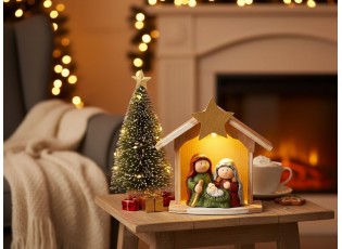 Přírodní svítící Betlém s keramickými postavičkami Nativity - 14*6*15 cm