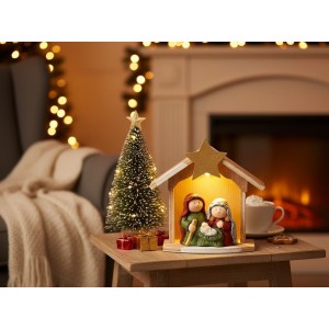 Přírodní svítící Betlém s keramickými postavičkami Nativity - 14*6*15 cm