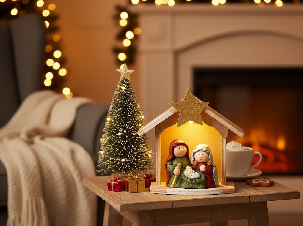 Přírodní svítící Betlém s keramickými postavičkami Nativity - 14*6*15 cm