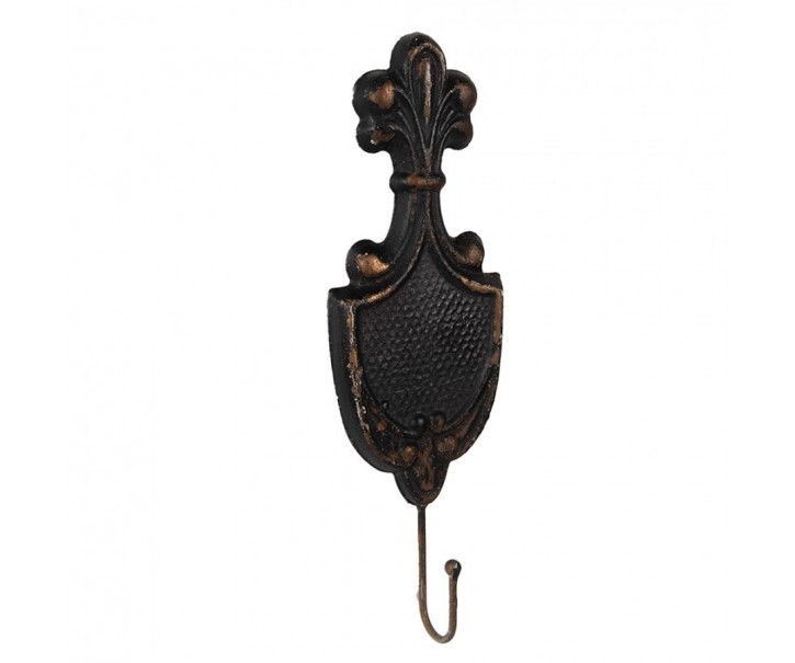 Černý antik kovový nástěnný háček se zlatými ornamenty Vintage - 12*4*38 cm Clayre & Eef