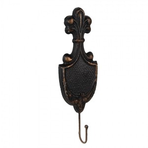 Černý antik kovový nástěnný háček se zlatými ornamenty Vintage - 12*4*38 cm