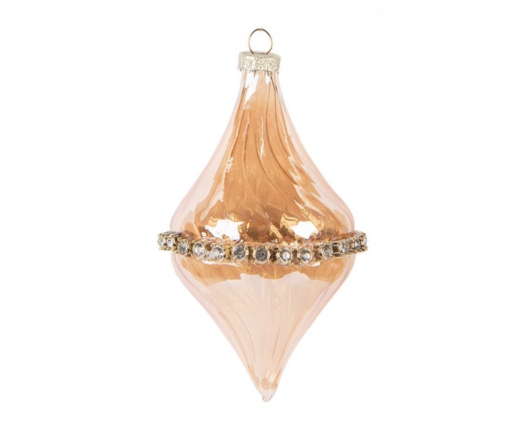 Béžová skleněná ozdoba špičatá baňka s kamínky - Ø 8*14 cm Clayre & Eef