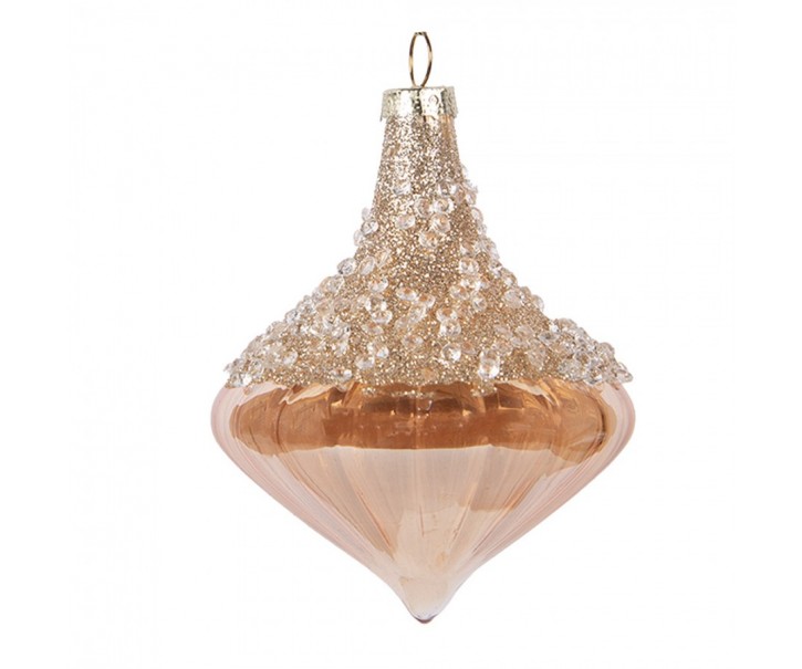 Béžová skleněná ozdoba špičatá baňka s kamínky - Ø 8*10 cm Clayre & Eef