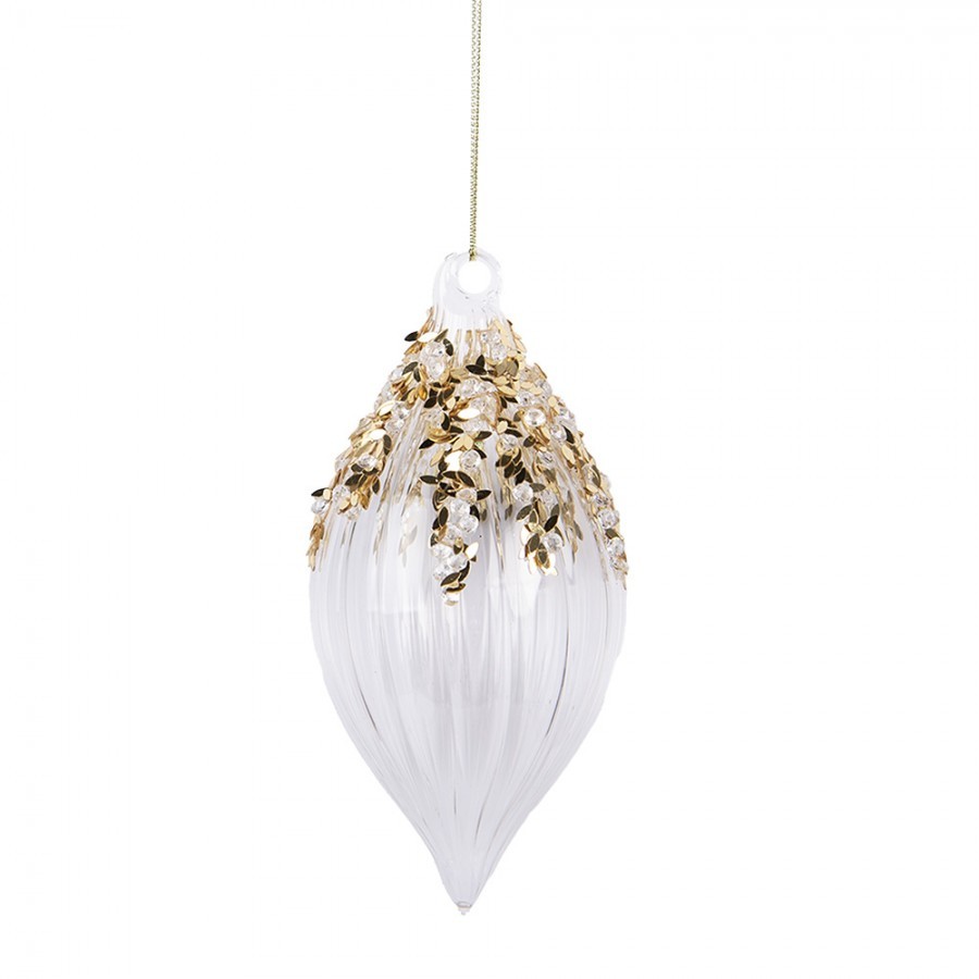 Transparentní skleněná ozdoba špičatá baňka se zlatým zdobením - Ø 7*14 cm Clayre & Eef Transparentní skleněná ozdoba špičatá baňka se zlatým zdobením - Ø 7*14 cm Clayre & Eef