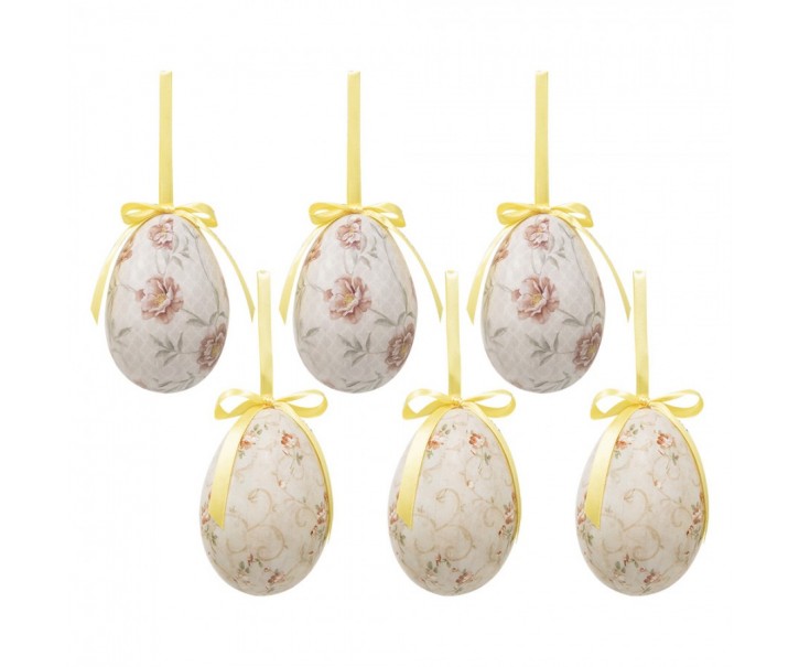 6ks dekorace béžové závěsné vajíčko s květy Spring Egg - Ø 7*10 cm Clayre & Eef