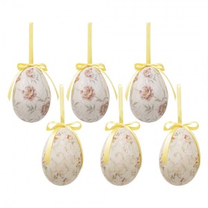 6ks dekorace béžové závěsné vajíčko s květy Spring Egg - Ø 7*10 cm