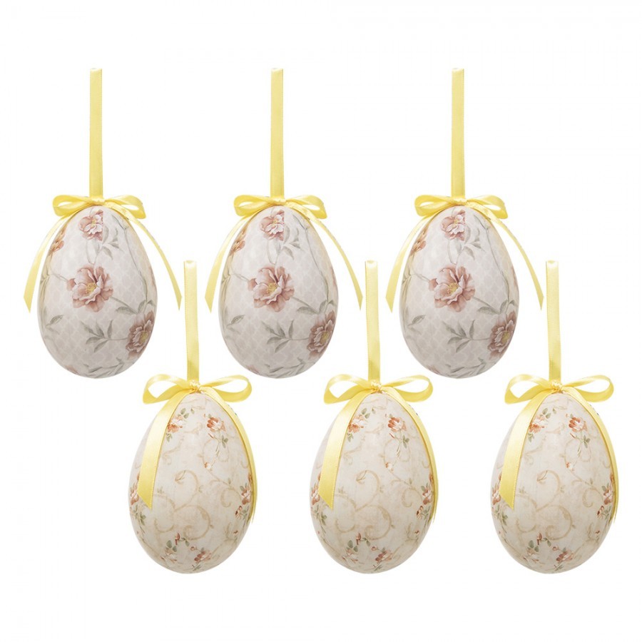 6ks dekorace béžové závěsné vajíčko s květy Spring Egg - Ø 7*10 cm
