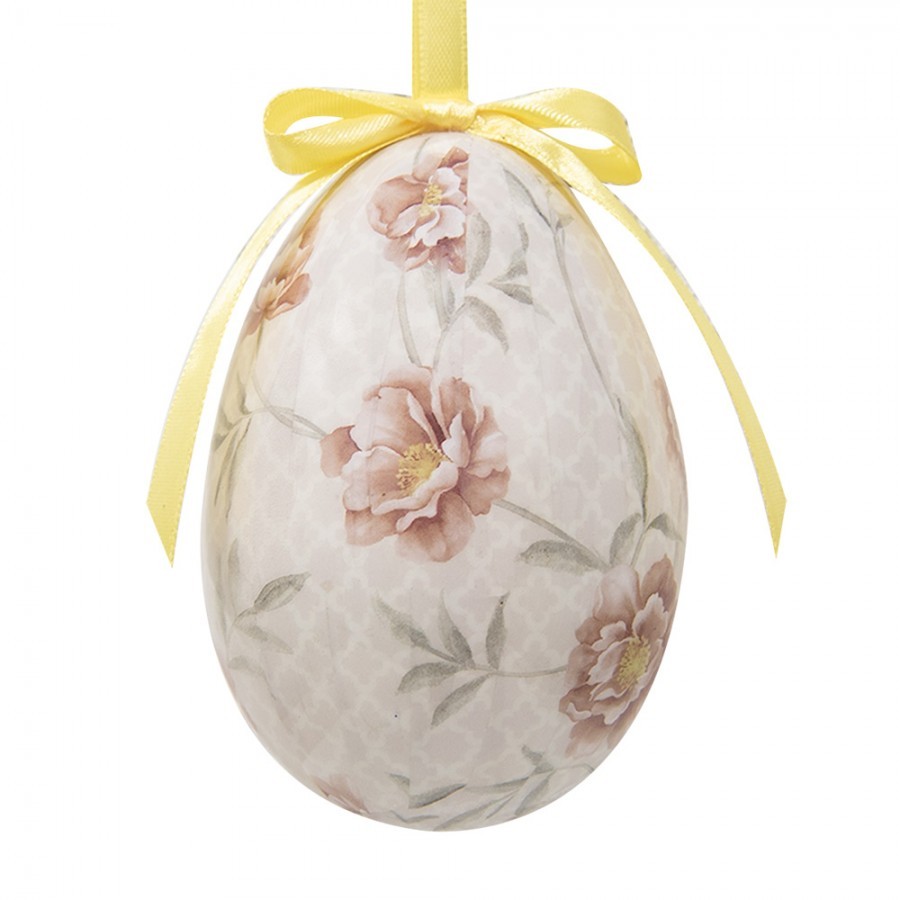 6ks dekorace béžové závěsné vajíčko s květy Spring Egg - Ø 7*10 cm