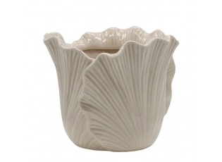 Béžový obal na květináč se vzorem listů Fayence - Ø 16*13 cm