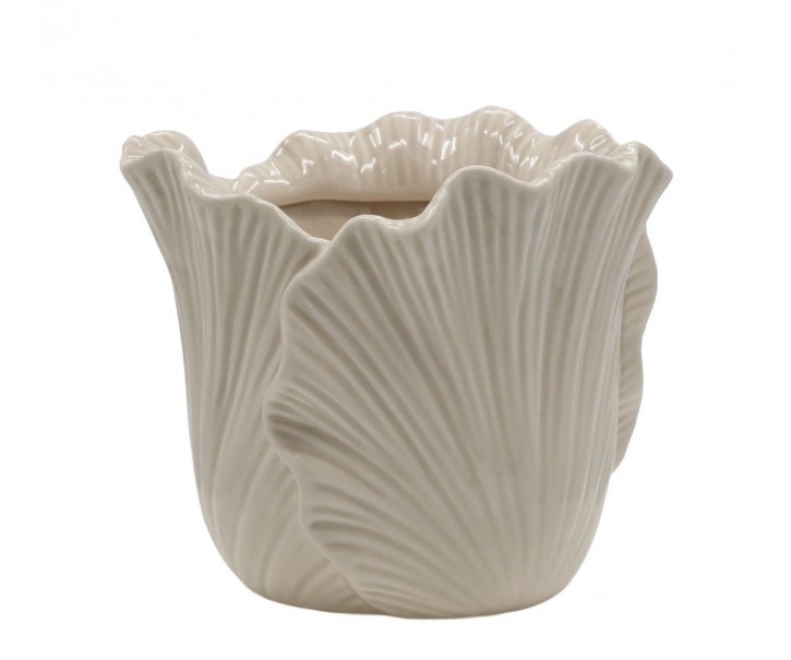 Béžový obal na květináč se vzorem listů Fayence - Ø 16*13 cm Chic Antique