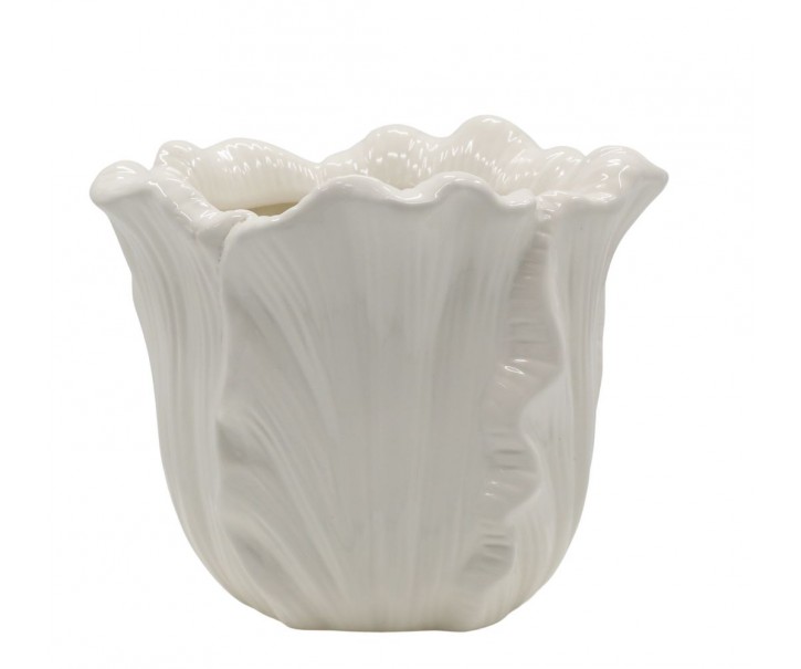 Béžový obal na květináč se vzorem listů Fayence - Ø 16*13 cm Chic Antique