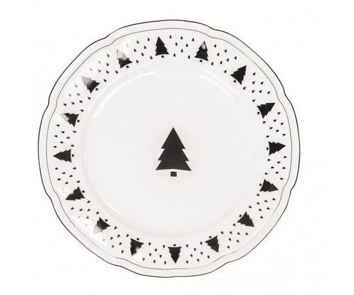 Bílo-černý porcelánový jídelní talíř se stromky X-Mas Tree - Ø 26*1,5 cm Housevitamin