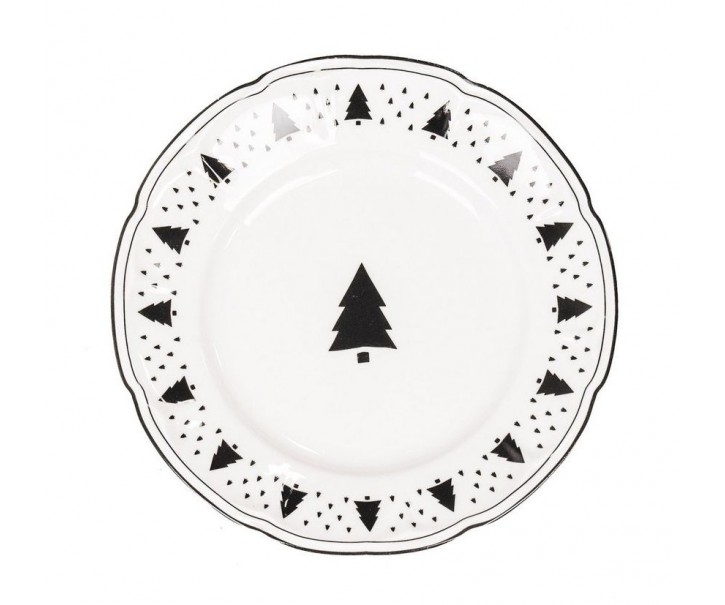 Bílo-černý keramický dezertní talířek se stromky X-Mas Tree - Ø 15*1,5 cm Housevitamin