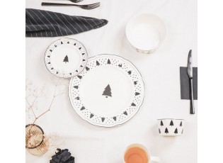 Bílo-černý porcelánový dezertní talířek se stromky X-Mas Tree - Ø 15*1,5 cm