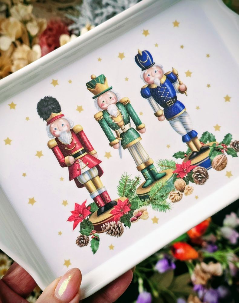 Bílý melaminový tácek s louskáčky Bearded Nutcrackers - 13*21 cm