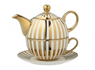 Bílo-zlatý pruhovaný Tea for One v dárkové krabičce - 16*14*13 cm / 420 ml