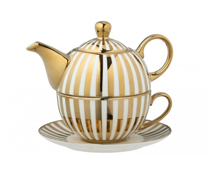 Bílo-zlatý pruhovaný Tea for One v dárkové krabičce - 16*14*13 cm / 420 ml J-Line by Jolipa