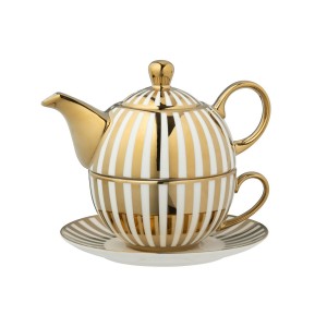 Bílo-zlatý pruhovaný Tea for One v dárkové krabičce - 16*14*13 cm / 420 ml