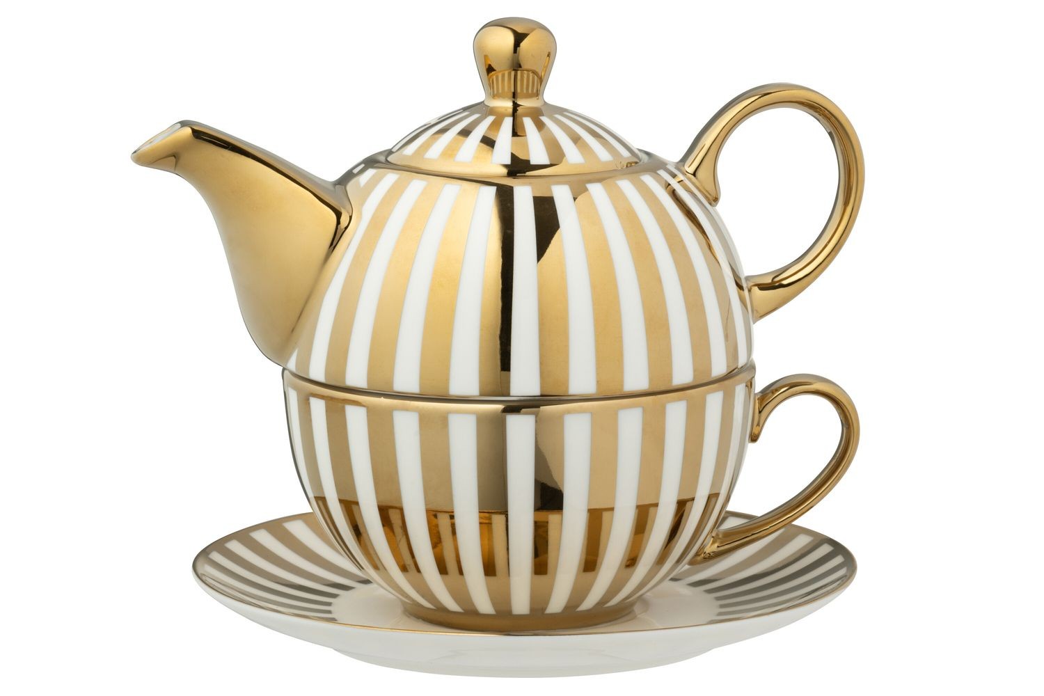 Bílo-zlatý pruhovaný Tea for One v dárkové krabičce - 16*14*13 cm / 420 ml